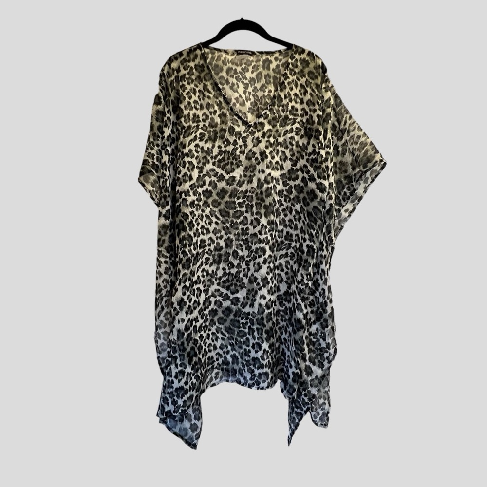 Simon Chang Women’s Top OS Gray Black Sheer Batwing Sleeves